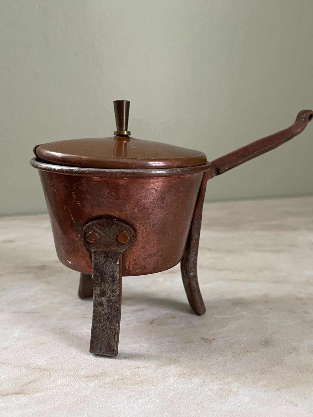 Vintage Primitive Swedish Copper and Iron Miniature Pot with Lid